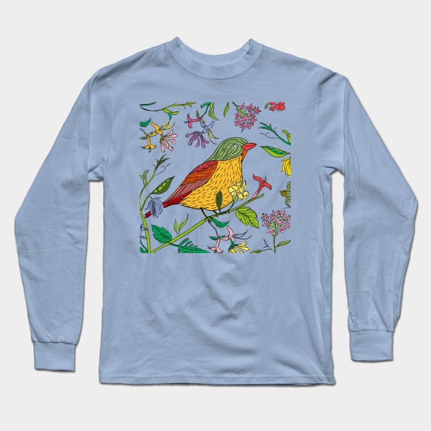 Hand Drawn Bird Spring Long Sleeve T-Shirt by Mako Design 